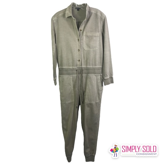 James Perse Women Khaki Long Sleeves Jumpsuit Button Front Drawstring Cotton XS